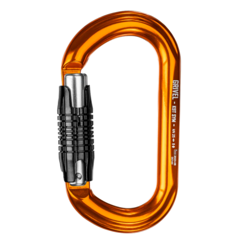 Mosquetón de forma ovalada de color naranja que presenta un mecanismo de bloqueo de color negro; impreso con "GRIVEL K10G TWN M4.25 B", hace eco del diseño de la serie Mosquetón Grivel K18T Wide Twist-Lock (copia).