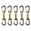 Cinco cintas exprés Cinta Express Grivel All-Round Alpha idénticas están dispuestas en fila. Cada cinta exprés cuenta con mosquetones negros, gatillos amarillos y una correa de cincha negra y amarilla, perfecta para tu próxima aventura.