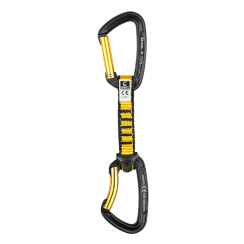 La Cinta Express Grivel All-Round Alpha cuenta con dos mosquetones negros unidos por una resistente correa de nailon amarilla y negra, ideal para su próximo ascenso.