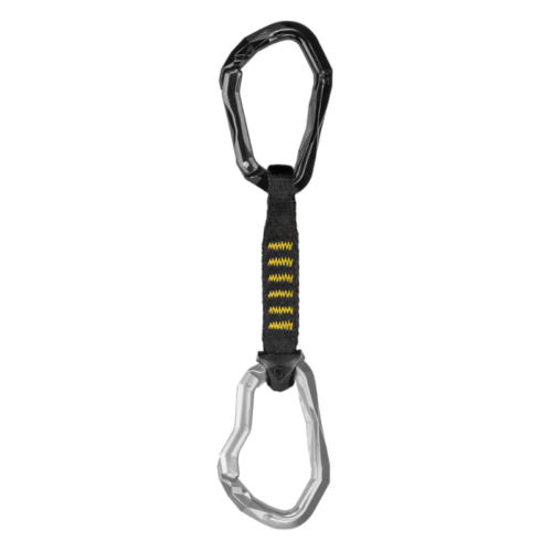 La Cinta Express Grivel Sport Stealth cuenta con un elegante mosquetón negro en la parte superior y uno plateado contrastante en la parte inferior, conectados por una correa de tela negra duradera con distintivas costuras amarillas.