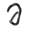 Un mosquetón negro con un diseño elegante y angular de la colección Pack Cinta Express Grivel Sport Stealth se destaca sobre un fondo blanco liso. Cuenta con un cierre sin bloqueo y luce un acabado suave y contemporáneo.