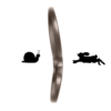 Un neumático parece doblado en el centro, formando una ilusión óptica con una silueta de caracol a la izquierda y un conejo saltando a la derecha, encarnando una precisión que recuerda al Grivel Ocho Dispositivo de Frenado.