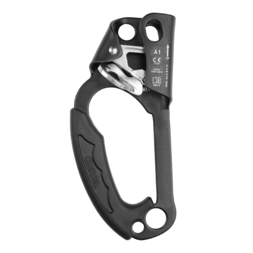 El Asegurador Grivel Master Pro (copia) es un asegurador de escalada de color negro con componentes metálicos y empuñadura ergonómica. Incluye un mecanismo de fijación segura, ofreciendo escaladas fiables y cómodas con especificaciones y el nombre de la marca grabados en su superficie.