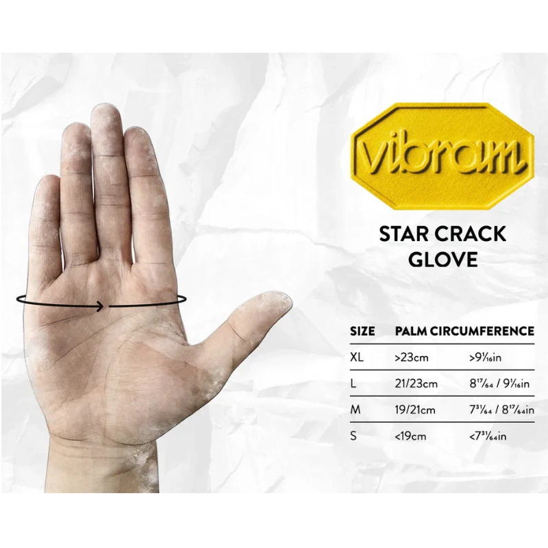 Se muestra una mano con una flecha negra que indica la circunferencia de la palma. El icono de Guantes Grivel Rock Gloves aparece a la derecha, junto a una tabla de tallas para la circunferencia de la palma: XL >23 cm, L 21/23 cm, M 19/21 cm, S