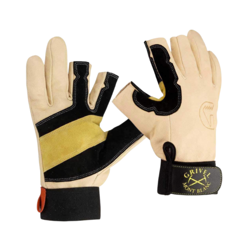 Estos guantes beige y amarillos con detalles en negro muestran el logotipo "GRIVEL MONT BLANC" en una muñeca y combinan a la perfección con el Asegurador Grivel Master Pro. Cuentan con palmas y dedos reforzados, además de una presilla de tela en un puño para colocarlos fácilmente.