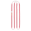 La Cinta Cosida Grivel Sling All-Round (copia) en rayas rojas y blancas forma una resistente forma de U con tela duradera y una pequeña etiqueta cerca de un extremo, mientras que el fondo blanco liso resalta su color y textura vibrantes.