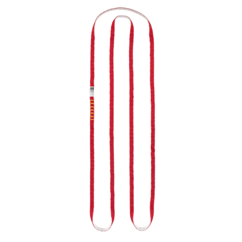La Cinta Cosida Grivel Sling All-Round (copia) en rayas rojas y blancas forma una resistente forma de U con tela duradera y una pequeña etiqueta cerca de un extremo, mientras que el fondo blanco liso resalta su color y textura vibrantes.