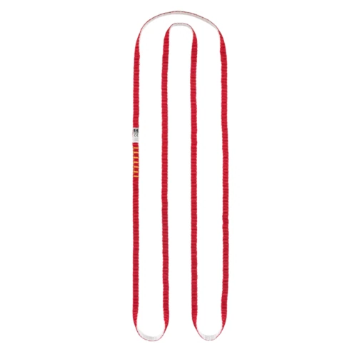 La Cinta Cosida Grivel Sling All-Round (copia) en rayas rojas y blancas forma una resistente forma de U con tela duradera y una pequeña etiqueta cerca de un extremo, mientras que el fondo blanco liso resalta su color y textura vibrantes.