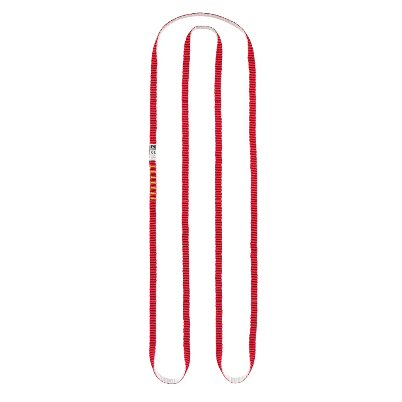 La Cinta Cosida Grivel Sling All-Round (copia) en rayas rojas y blancas forma una resistente forma de U con tela duradera y una pequeña etiqueta cerca de un extremo, mientras que el fondo blanco liso resalta su color y textura vibrantes.