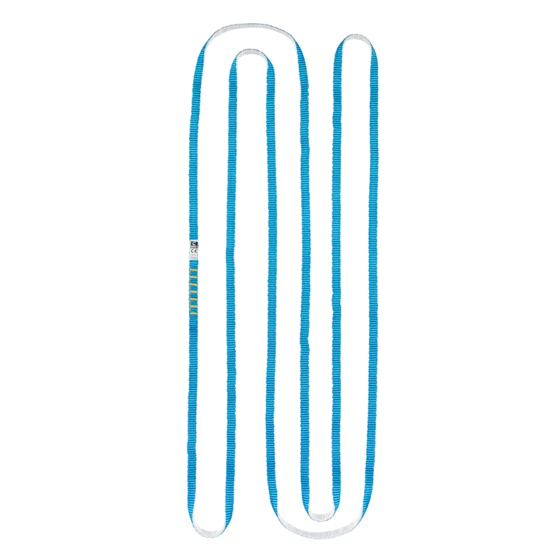Una bandolera Grivel Cinta Cosida All-Round con diseño en zigzag azul y blanco, que presenta una sección central a rayas con su etiqueta. Los bordes reforzados con costuras blancas precisas resaltan su durabilidad.