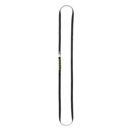 La Cinta Cosida Grivel Sling All-Round (copia) es una eslinga ligera de cinta tubular negra con una sección central reforzada de color amarillo, que forma un bucle continuo, ideal para un uso versátil en escalada y montañismo tanto para protección como para anclaje.