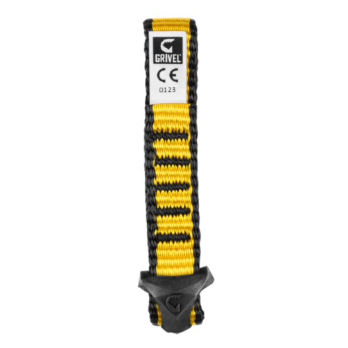 La Cinta Cosida Grivel Sling All-Round es una eslinga de escalada de color amarillo y negro con certificación CE 0123, que presenta un diseño duradero y un conector negro resistente para mayor confiabilidad.