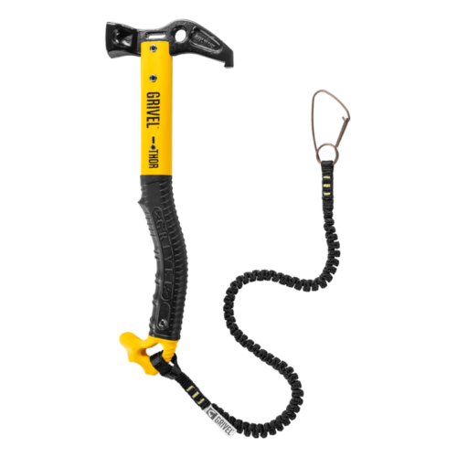 El martillo Grivel Thor es un piolet amarillo y negro con un pico curvo y un mango ergonómico, similar al martillo de Thor. Incluye una correa enrollada negra con un lazo seguro y la palabra "GRIVEL" está impresa de forma destacada en el mango.