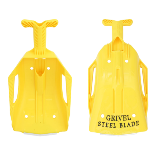 Dos protectores de piolet amarillos con empuñaduras y texto "GRIVEL STEEL BLADE", del Martillo Grivel Thor (copia). Con ranuras y texturas para un manejo seguro, cuentan con múltiples orificios de fijación.