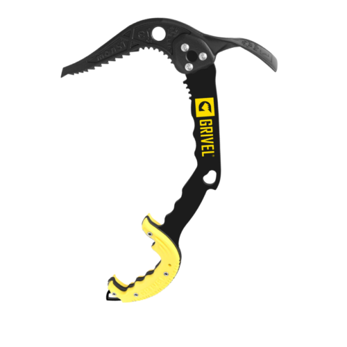La imagen muestra la Piolet Técnico Grivel Air Tech Evolution (copia) en negro y amarillo, con mango curvo, púa dentada, mango ergonómico y agarre para los dedos. El logotipo de Grivel se muestra de forma destacada.
