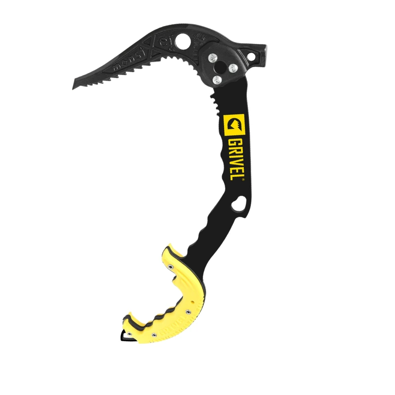 El piolet Técnico Grivel Air Tech Evolution (copia), en color negro y amarillo, presenta un mango curvado, una hoja dentada, una zona de agarre prominente y la palabra "Grivel" en amarillo en el mango. Su diseño aerodinámico lo hace ideal para ascensos desafiantes.