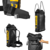 La Mochila de Montaña Grivel Alpine Pro 40 + 10 (copia) se muestra en la imagen, destacando su diseño versátil. Presenta un exterior negro con texto amarillo y se muestra desde diferentes ángulos: lateral con correas, plegada, en posición vertical para guardarla y vista superior abierta con una mano para acceder al interior.