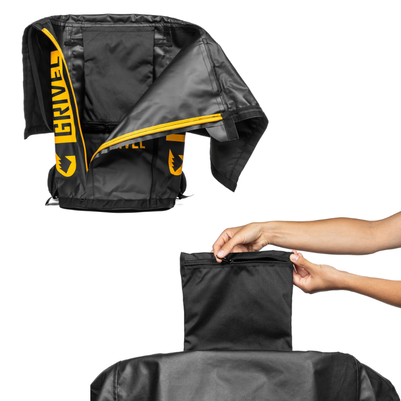 Se muestra una mochila Grivel negra con detalles en amarillo. Una imagen muestra la mochila abierta, revelando su interior, mientras que otra muestra unas manos ajustando una correa o cremallera en la Mochila de Montaña Grivel Alpine Pro 40 + 10 (copia).