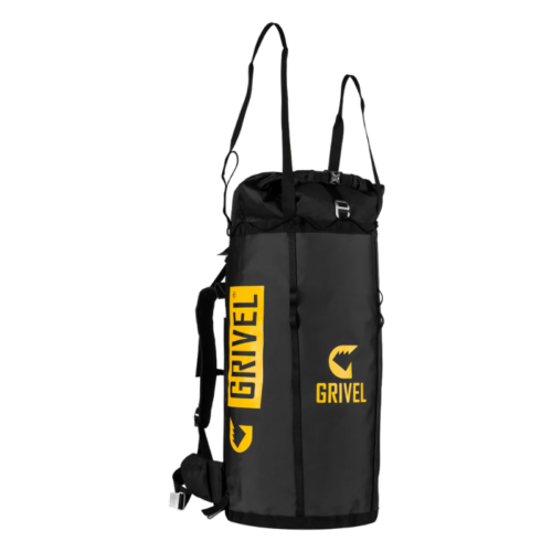 La Mochila de Transporte Grivel Grand Cap 40 (copia), en llamativos colores negro y amarillo, cuenta con correas para los hombros y un asa superior para transportarla fácilmente, con el logotipo "Grivel" estampado audazmente en amarillo en el frente para mostrar su reconocida calidad de marca.
