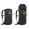 Se muestran dos mochilas Grivel negras. La más pequeña parece la Grivel Spartan 30, mientras que la otra es alargada. Ambas tienen logotipos amarillos, correas acolchadas ajustables, hebillas y múltiples puntos de sujeción.