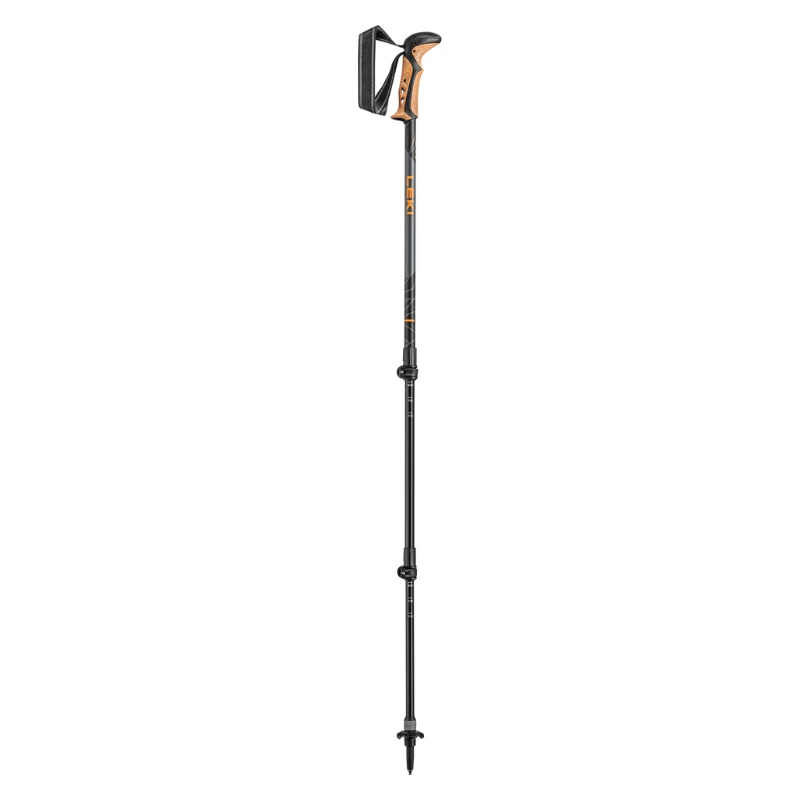 Los Bastones de Trekking Leki Lhasa Mujer (copia) en color negro y naranja están diseñados para mujeres y cuentan con un mango ergonómico, secciones ajustables, una correa de muñeca para apoyo y una punta puntiaguda para mayor estabilidad en diversos terrenos.