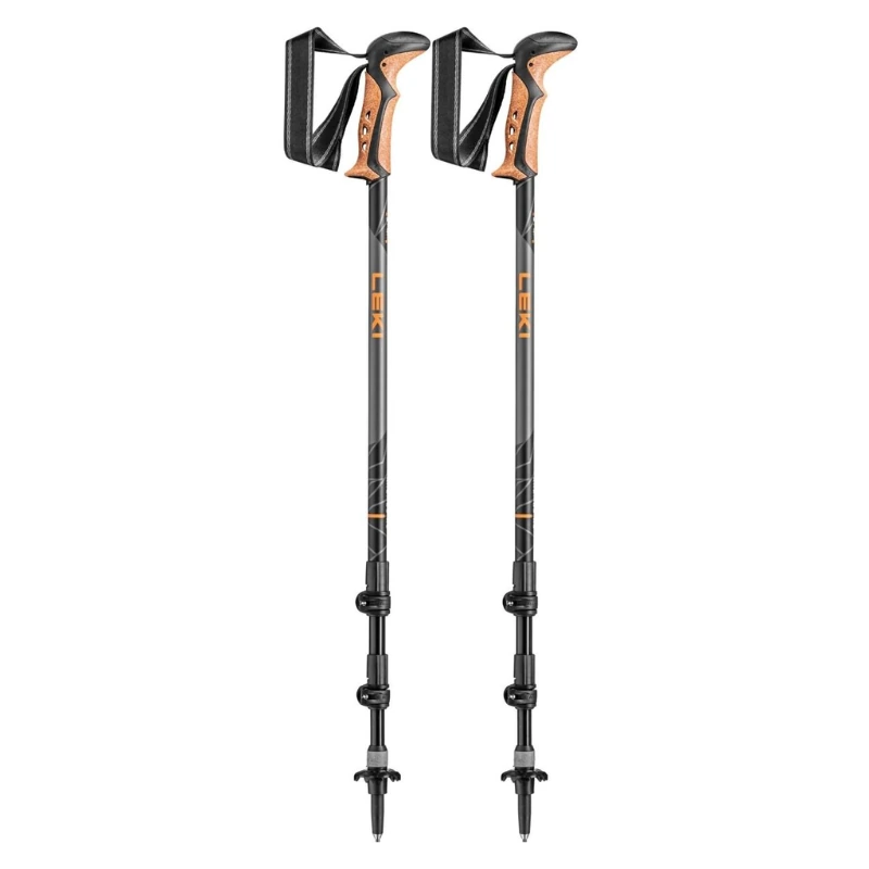Los Bastones de Trekking Leki Lhasa Mujer (copia) son bastones de trekking negros y naranjas con empuñaduras ergonómicas, correas de muñeca ajustables, segmentos de bloqueo y puntas puntiagudas, ideales para senderismo y aventuras al aire libre.