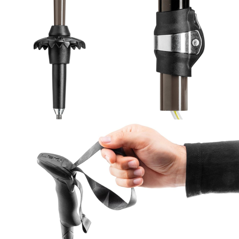 Primer plano de un bastón de trekking, el Bastones de Trekking Plegables Leki Makalu FX TA, que muestra la punta de la zapatilla, la cesta, la correa ajustable y una mano que sujeta la empuñadura. El diseño segmentado resalta sus características distintivas.