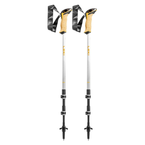 Los bastones de trekking Leki Khumbu AS (copia) cuentan con dos bastones ajustables con mangos de corcho, correas de muñeca negras y un elegante diseño en blanco y amarillo. Incluyen detalles de marca, mecanismos de bloqueo ajustables negros y puntas puntiagudas para una excelente práctica de trekking.