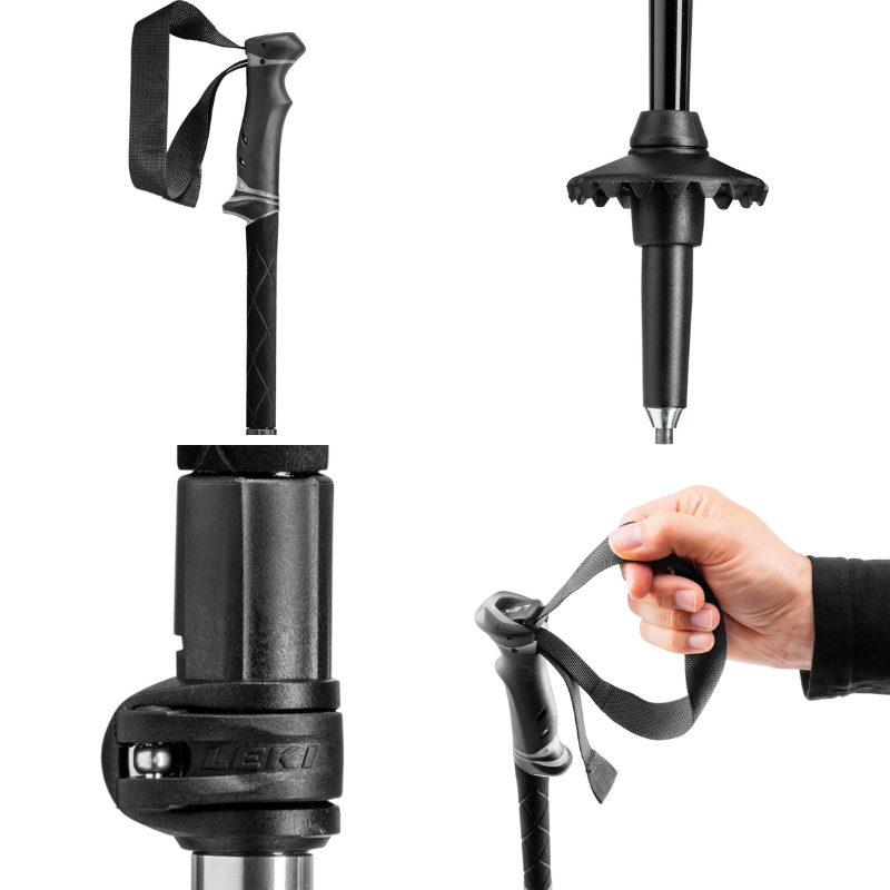 Collage de un bastón de trekking negro mostrando sus características. Arriba a la izquierda: empuñadura y correa. Arriba a la derecha: punta puntiaguda con cesta. Abajo a la izquierda: mecanismo de ajuste "LEKI". Abajo a la derecha: mano sujetando el Bastones de Trekking Leki Makalu (copia) por su empuñadura y correa.