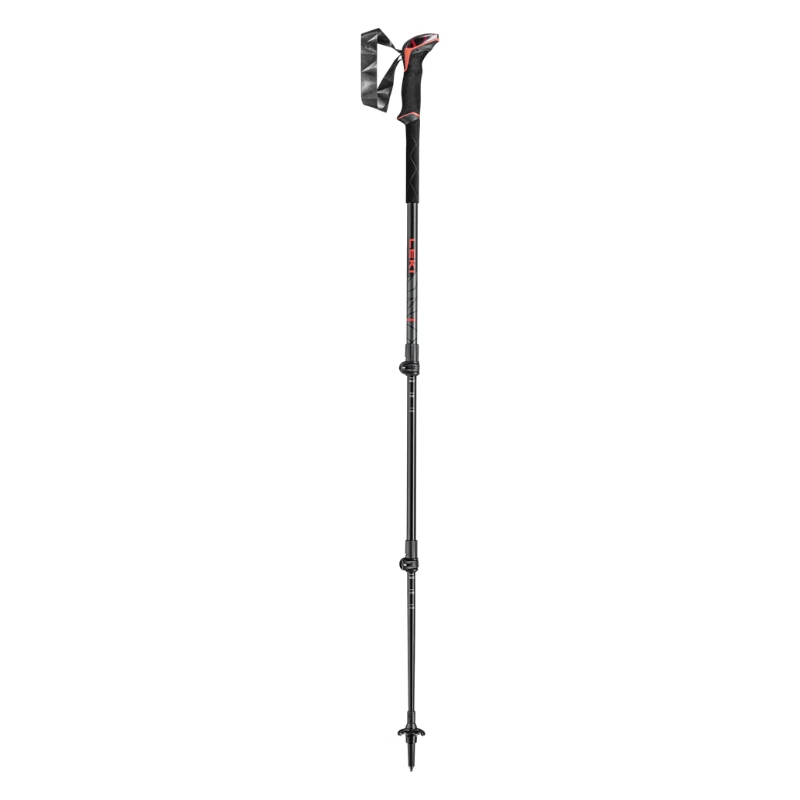Los Bastones de Trekking Leki Cressida Mujer presentan un diseño negro y gris diseñado para mujeres, agarre ergonómico, correa de muñeca ajustable, puntos de ajuste duales y una punta puntiaguda con una pequeña base circular para estabilidad en el sendero.