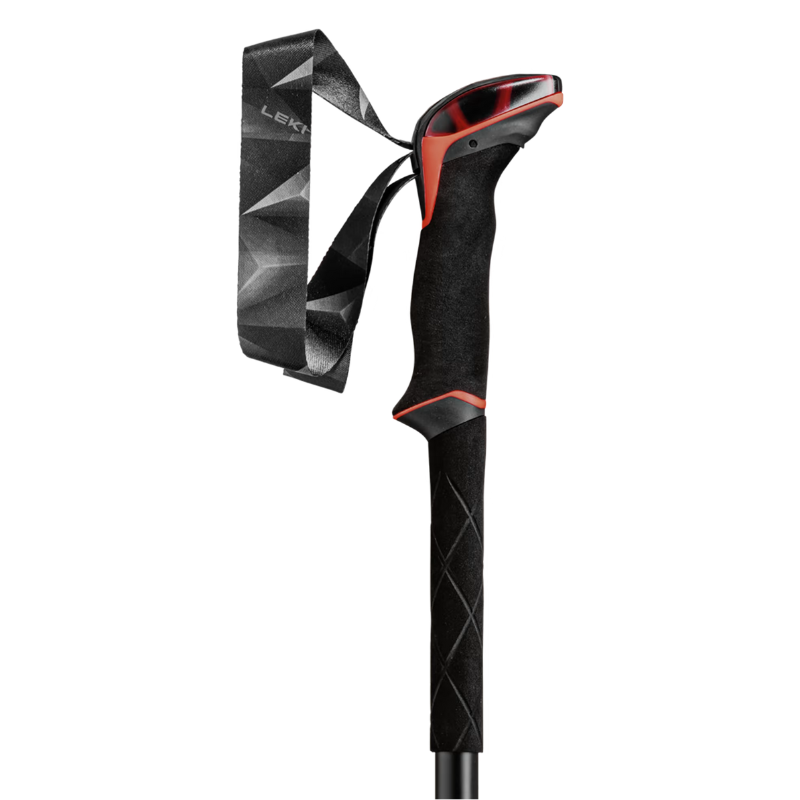 Los Bastones de Trekking Leki Cressida Mujer cuentan con un cómodo asa ergonómica, correa ajustable con patrón geométrico y un agarre acolchado para un máximo soporte, diseñados en negro y rojo.