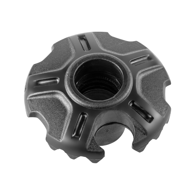 El Accesorio Bastones de Trekking Leki Tourenteller (copia) cuenta con una perilla de estrella de plástico negro con un orificio central roscado y una superficie texturizada, con cinco brazos elegantemente curvados, lo que lo hace esencial para los bastones de trekking.
