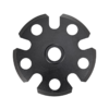 Un disco metálico circular negro con un orificio central y seis orificios espaciados uniformemente se asemeja a un engranaje. Tiene cortes suaves y redondeados entre los orificios. Este componente pertenece a Arandelas para Bastones de Trekking Leki Tourenteller y está colocado sobre un fondo blanco.