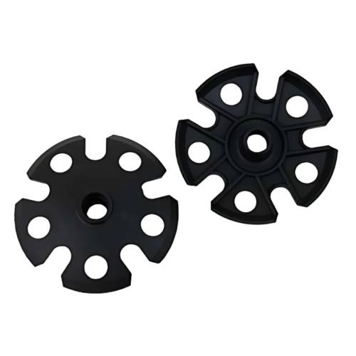 Las Leki Tourenteller Arandelas para Bastones de Trekking son dos cestas circulares negras con un orificio central, cortes radiales y seis salientes redondeados. Ayudan a evitar que los bastones de trekking se hundan en la nieve.