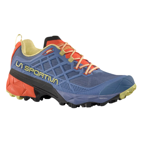 La Zapatilla de Mountain Running La Sportiva Prodigio Mujer (copia) es una zapatilla para trail running de color azul y naranja con detalles en amarillo, que presenta paneles de malla y el logotipo de La Sportiva en el lateral, diseñada para actividades al aire libre difíciles.