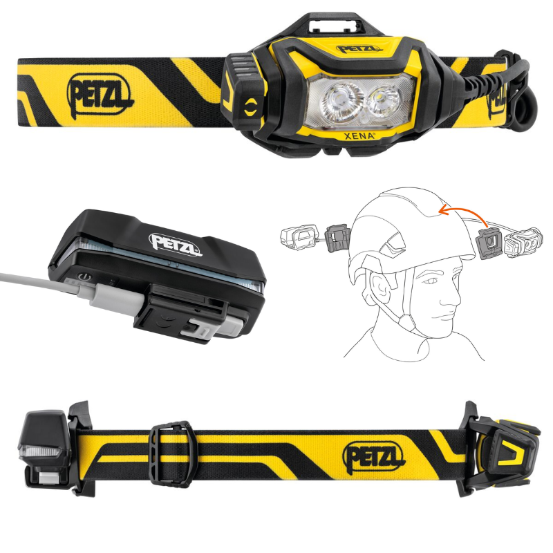Se muestra desde varios ángulos una linterna frontal Petzl amarilla y negra con el nombre de modelo "Xena". Incluye una correa ajustable, lentes dobles y una batería recargable. Una ilustración muestra cómo colocar la linterna frontal en un casco.