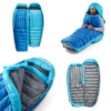 Cuatro imágenes muestran el saco de dormir Pluma Sea to Summit Trek en azul y gris. La fila superior lo muestra seccionado y completamente ensamblado con una persona adentro, mientras que la fila inferior destaca el interior y el proceso de conversión de este versátil saco de dormir.