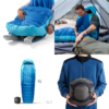 Un collage con el saco de dormir Pluma Sea to Summit Trek Women’s -9°C. Arriba a la izquierda: pies que se asoman desde el saco de dormir azul. Arriba a la derecha: una persona que guarda un saco de dormir verde en su interior. Abajo a la izquierda: se muestran las dimensiones del saco de dormir. Abajo a la derecha: saco comprimido que se sostiene de forma compacta en la mano.