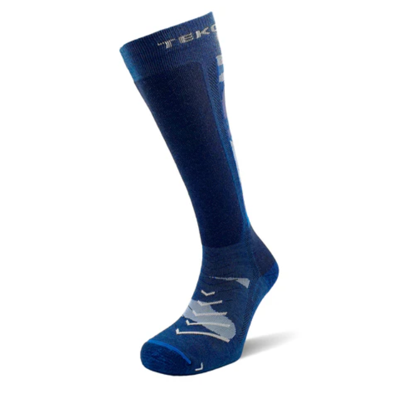 Un calcetín azul y negro hasta la rodilla con detalles en blanco, que se muestra en posición vertical. Tiene un diseño elegante con la palabra "TEKO" en la parte superior, que representa el estilo de la colección Calcetín Teko Tactical Merino Boot 3.0 (copia).