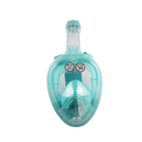La máscara de buceo Full Face GoPro Uk Time Sport tiene un frente transparente con detalles en verde azulado, un esnórquel incorporado y es ideal para usar GoPro bajo el agua. Los símbolos de precaución en el frente indican advertencias de uso importantes.