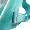 Primer plano de la máscara de esnórquel GoPro Uk Time Sport Turquesa de cara completa con marco transparente y correas ajustables. El enfoque se centra en el mecanismo de ajuste de la correa de tela texturizada, lo que resalta su importancia para el buceo. Perfecta para las aventuras deportivas de UK Time.