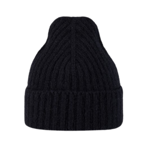 El Gorro Buff CrossKnit Solid (copia) es un gorro de punto negro que presenta una textura acanalada y un brillo sutil, diseñado para estirarse verticalmente para mayor calidez y estilo, sobre un fondo blanco liso.