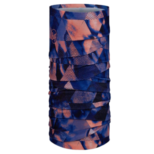 Polaina de cuello multicolor que presenta un diseño geométrico con patrones azules y corales, realzado por la calidez de la tecnología Bandana Buff ThermoNet Solid Ultramarine.
