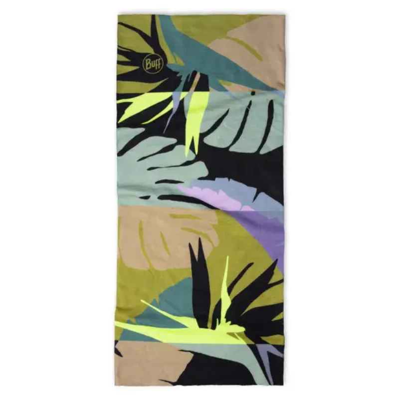La bandana Buff Original EcoStretch Blocksy Multi (copia) es un multitubo rectangular con un diseño de hojas tropicales en tonos verde, marrón, negro y morado, con el logotipo de Buff en la esquina superior izquierda.