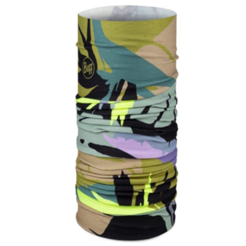 La bandana Buff Original EcoStretch Blocksy Multi presenta un diseño abstracto inspirado en la naturaleza en verde, amarillo, violeta, negro y beige. La palabra "Buff" se destaca en amarillo sobre una forma ovalada negra. Fabricada con tela EcoStretch para brindar estilo y comodidad.