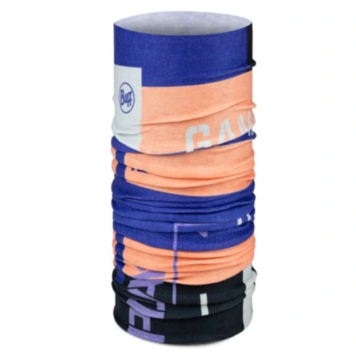 La polaina para el cuello Bandana Buff Original EcoStretch Snout Ash (copia) presenta una vibrante combinación abstracta de azul, naranja y negro con texto parcial. Su forma cilíndrica es suave y elástica, lo que garantiza comodidad y estilo.