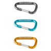 Tres mosquetones "Sea to Summit" en gris, azul y naranja se apilan verticalmente sobre un fondo blanco, perfectos para combinar con su Kit de Reparación Sea to Summit Mat Repair Kit (copia) para aventuras al aire libre.