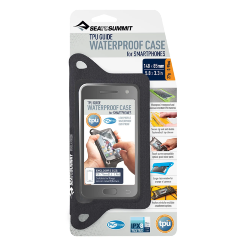 La funda impermeable TPU Guide de Sea to Summit para teléfonos inteligentes, con construcción de TPU, clasificación IPX8 y dimensiones de 148 x 85 mm, garantiza un diseño protector y transparente para mantener los teléfonos secos, lo que la hace tan crucial para las aventuras al aire libre como su Silla Inflable Sea to Summit Air Chair (copia).
