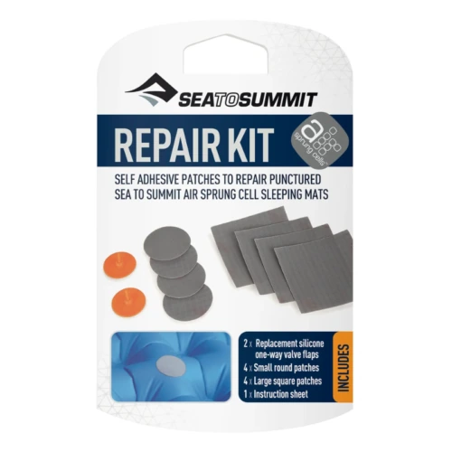 Imagen de un paquete de kit de reparación de colchonetas Sea to Summit, que incluye parches autoadhesivos para colchonetas de colchón de aire perforadas. El paquete muestra parches e incluye elementos como solapas de silicona, parches redondos y cuadrados y una hoja de instrucciones.