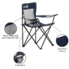 La silla plegable portátil azul Kano Licanray es perfecta para acampar. Cuenta con un portavasos, malla transpirable para brindar calor y tela Oxford 600D duradera. Las patas de metal negro brindan estabilidad y la silla tiene la etiqueta "Kano" en la parte superior con características detalladas en español.